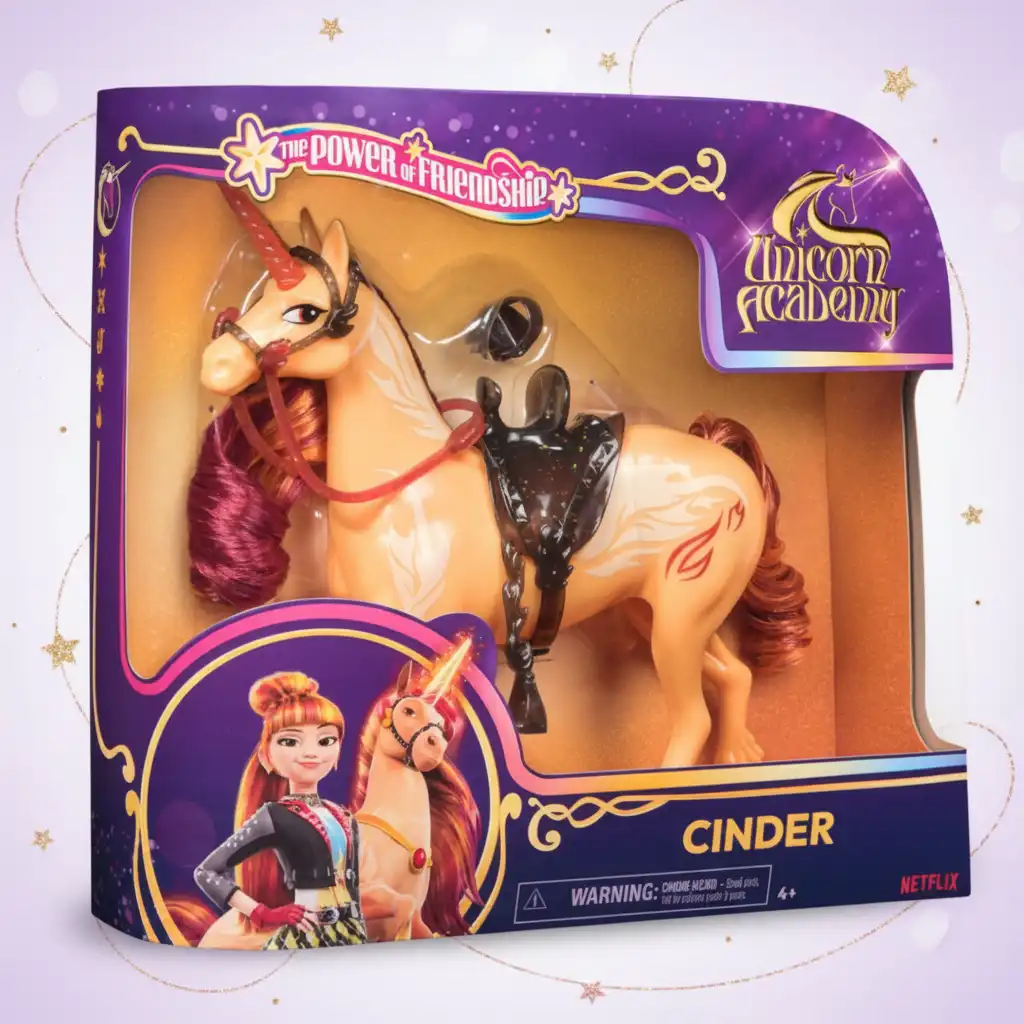 Gedetailleerde uitwerking van de eenhoorn Cinder met metalen Fire Magic-elementen.