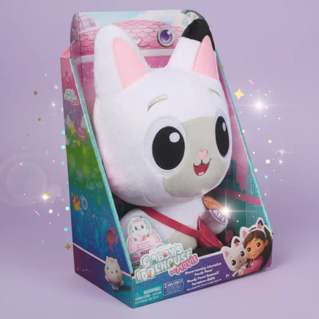 Gedetailleerde afwerking van de interactieve knuffel Pandy Poek met accessoires.