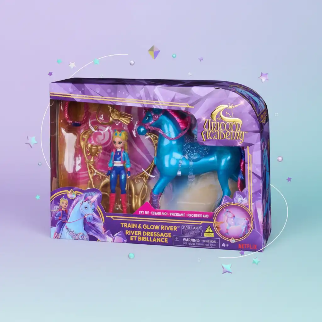 Magische lichteffecten geactiveerd door een edelsteen op de borst van de eenhoorn.